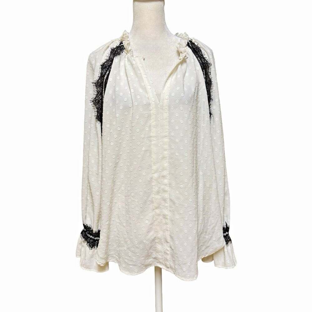 LOFT White Polka Dot Chiffon Blouse Lace Ruffle V-Neck Puff Sleeve Size M